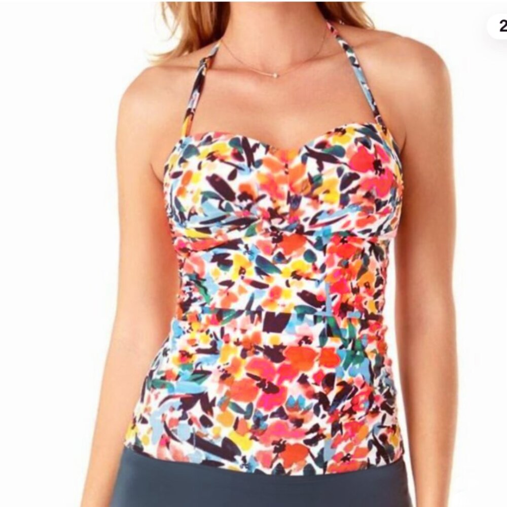 ANNE COLE TWIST FRONT RUCHED BANDEAU TANKINI TOP SUNSET FLORAL RESORT SWIM MED